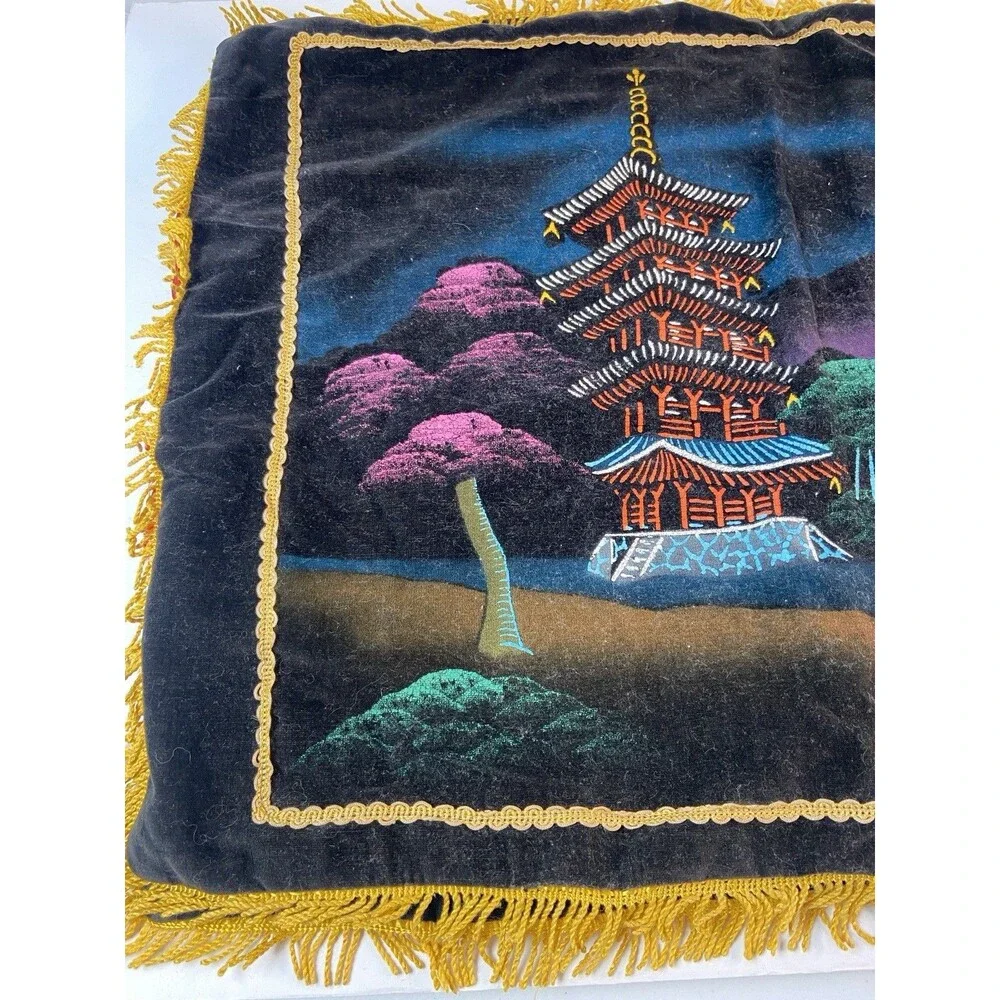 Vintage Asian Pagoda Velvet Silk Pillowcase Set Gold Fringe Oriental Decor -2